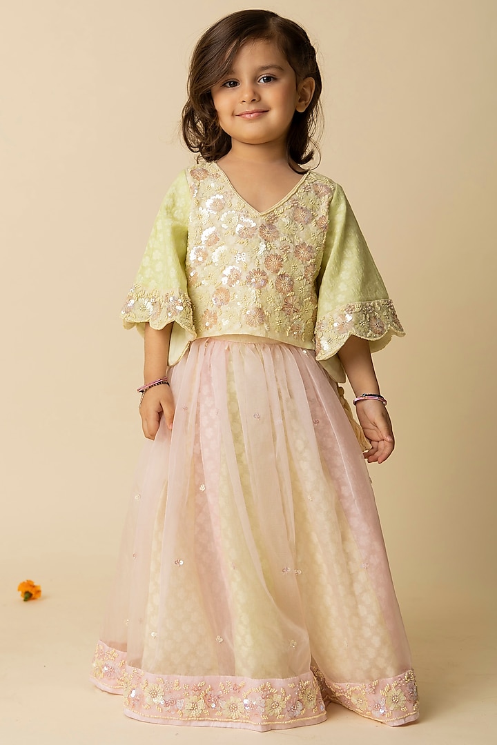 Pastel Pink & Green Embellished Organza Lehenga Set For Girls by MINI TRAILS at Pernia's Pop Up Shop