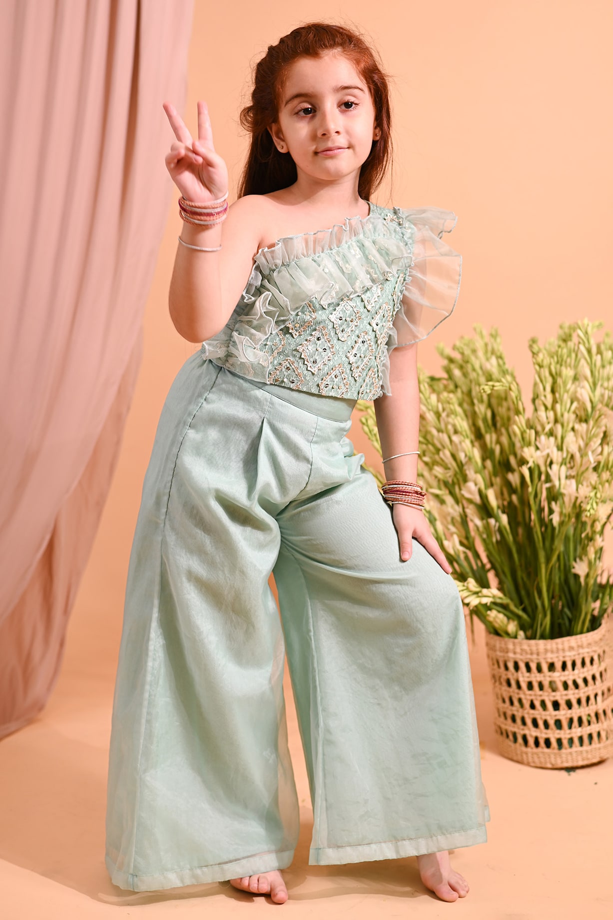 Nesavu Mint Peplum Dress Plazo Pant For Girls Elegant Palazzo
