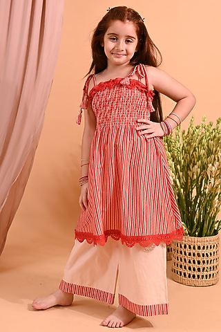 Orange Cotton Silk & Cotton Poplin Printed kurta Set For Girls by MINI TRAILS