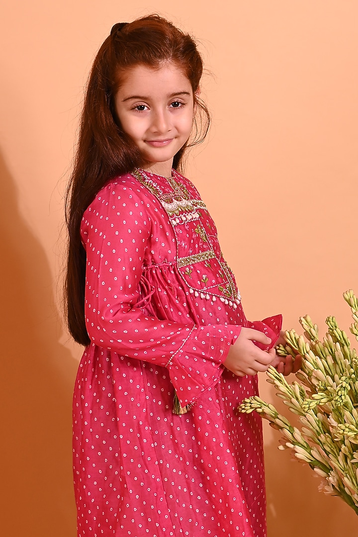 Pink Cotton Silk & Cotton Voile Printed Kurta Set For Girls by MINI TRAILS at Pernia's Pop Up Shop