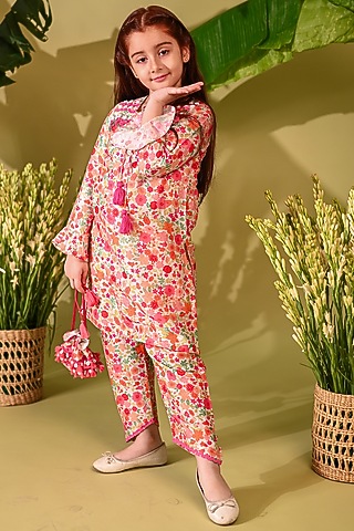 Multi-Colored Cotton Silk Printed Kurta Set For Girls by MINI TRAILS