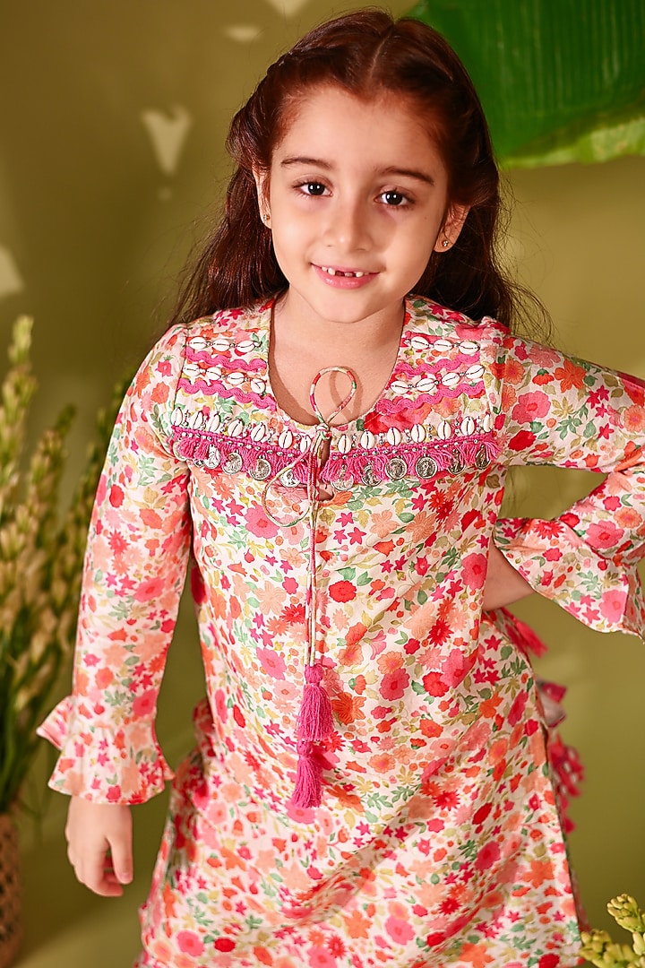 Multi-Colored Cotton Silk Printed Kurta Set For Girls by MINI TRAILS at Pernia's Pop Up Shop