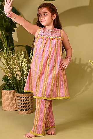 Pink Cotton Printed A-line Kurta Set For Girls by MINI TRAILS