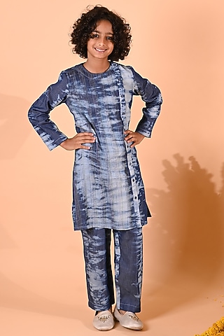 Blue Cotton Pleated Kurta Set For Boys by MINI TRAILS