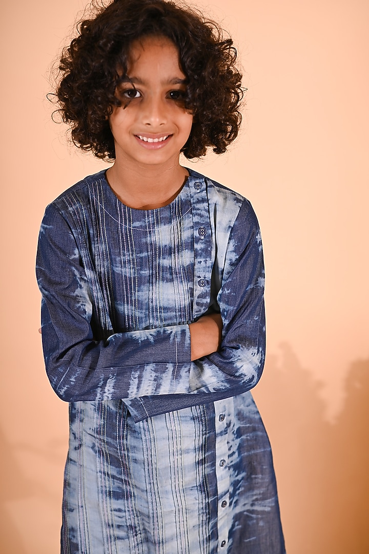 Blue Cotton Pleated Kurta Set For Boys by MINI TRAILS at Pernia's Pop Up Shop