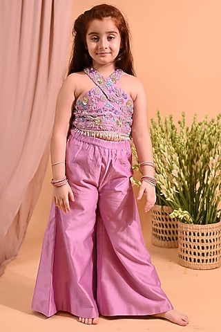 Lilac Cotton Silk & Cotton Palazzo Pant Set For Girls by MINI TRAILS