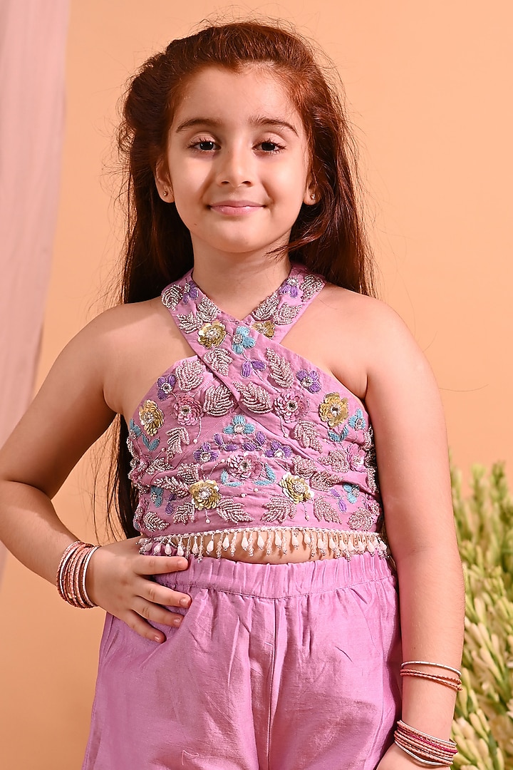 Lilac Cotton Silk & Cotton Palazzo Pant Set For Girls by MINI TRAILS at Pernia's Pop Up Shop