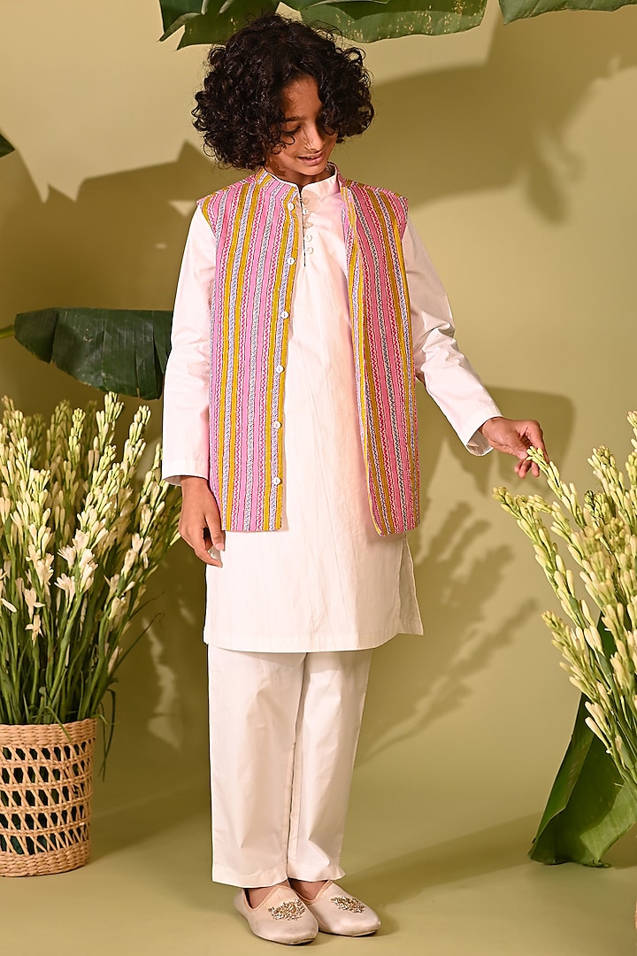 Pink Cotton Embroidered Nehru Jacket Set For Boys by MINI TRAILS