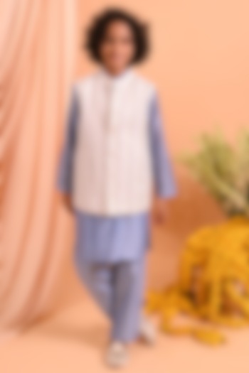 White Cotton Embroidered Nehru Jacket Set For Boys by MINI TRAILS