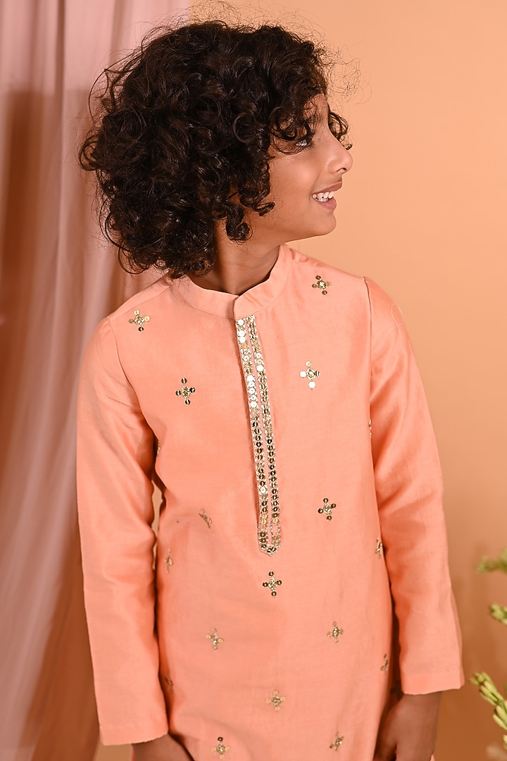 Peach Cotton & Cotton Silk Embroidered Kurta Set For Boys by MINI TRAILS at Pernia's Pop Up Shop