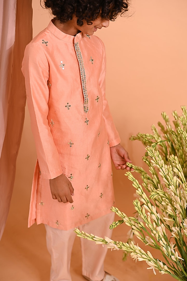Peach Cotton & Cotton Silk Embroidered Kurta Set For Boys by MINI TRAILS at Pernia's Pop Up Shop