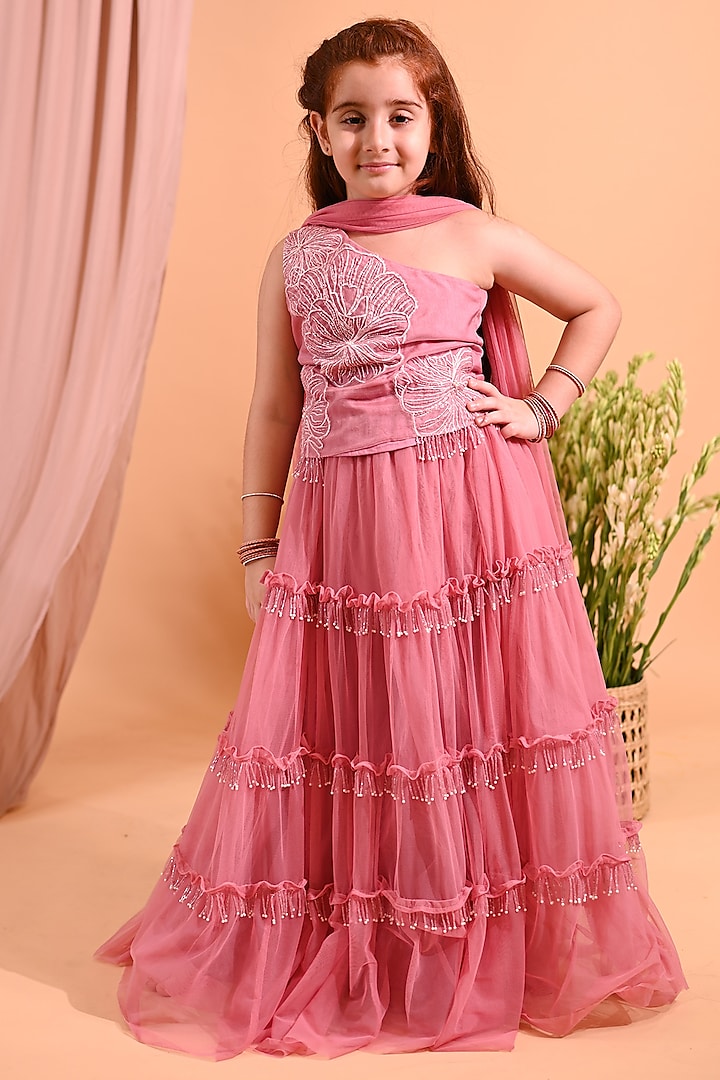 Pink Cotton & Organza Embellished Skirt Set For Girls by MINI TRAILS at Pernia's Pop Up Shop