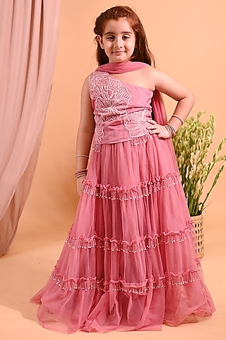 Pink Cotton & Organza Embellished Skirt Set For Girls by MINI TRAILS
