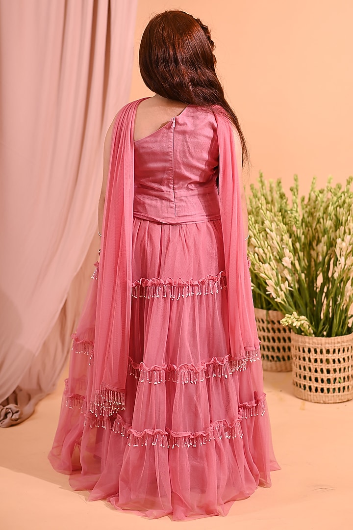 Pink Cotton & Organza Embellished Skirt Set For Girls by MINI TRAILS at Pernia's Pop Up Shop