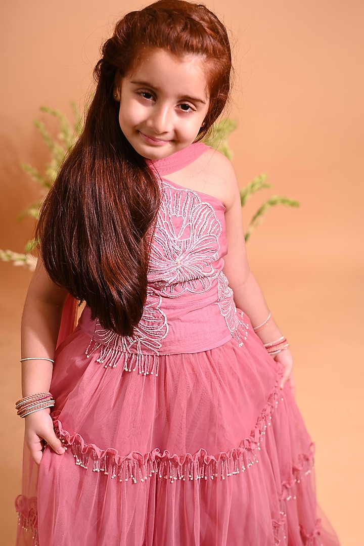Pink Cotton & Organza Embellished Skirt Set For Girls by MINI TRAILS at Pernia's Pop Up Shop