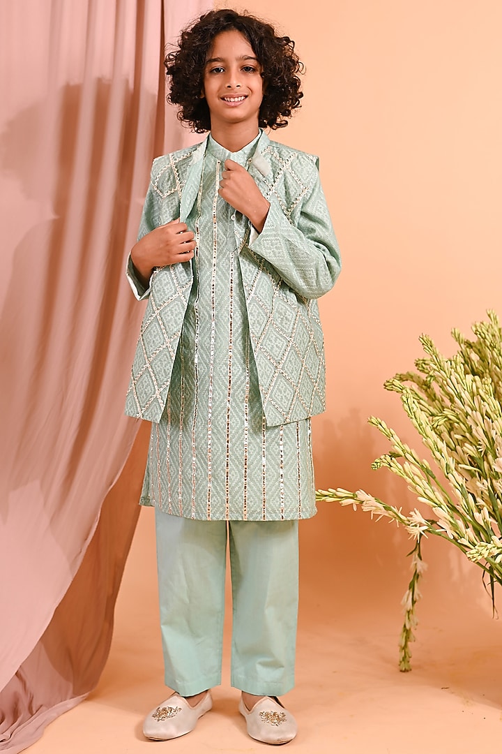 Mint Cotton & Cotton Silk Embellished Nehru Jacket Set For Boys by MINI TRAILS