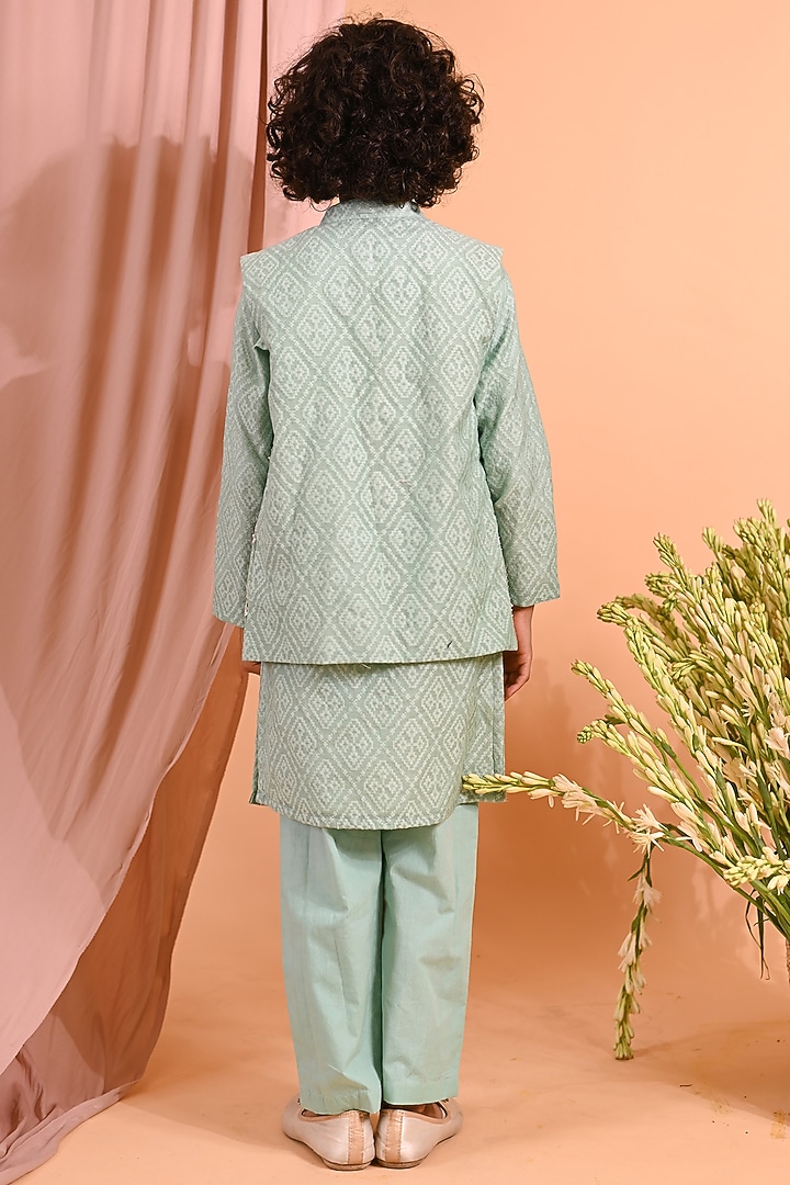 Mint Cotton & Cotton Silk Embellished Nehru Jacket Set For Boys by MINI TRAILS at Pernia's Pop Up Shop