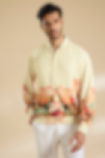 Beige French Lycra Twill Printed Jacket by Mandira Wirk Men