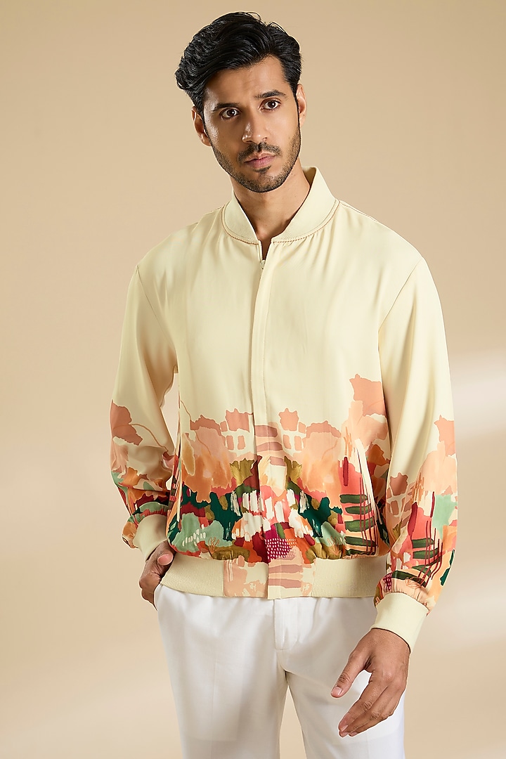 Beige French Lycra Twill Printed Jacket by Mandira Wirk Men