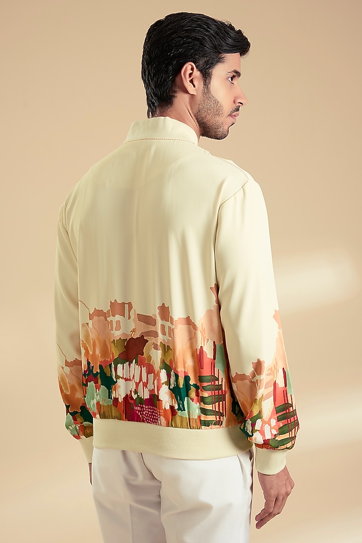 Beige French Lycra Twill Printed Jacket by Mandira Wirk Men at Pernia's Pop Up Shop