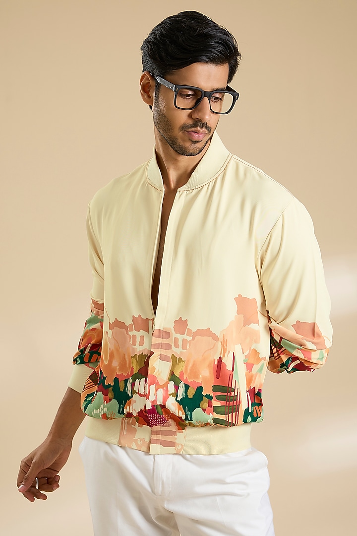 Beige French Lycra Twill Printed Jacket by Mandira Wirk Men at Pernia's Pop Up Shop