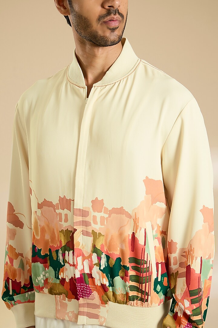 Beige French Lycra Twill Printed Jacket by Mandira Wirk Men at Pernia's Pop Up Shop