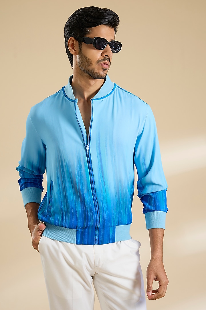 Blue Ombre French Lycra Twill Jacket by Mandira Wirk Men at Pernia's Pop Up Shop