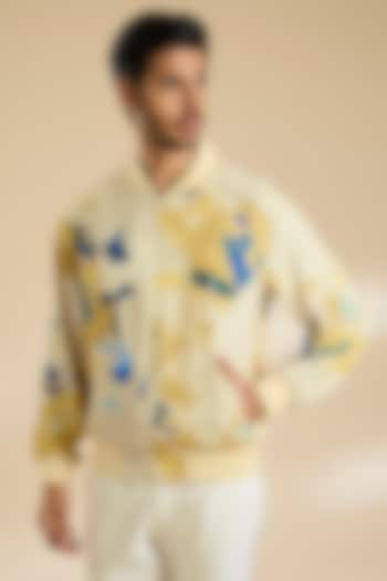 Yellow French Lycra Twill Printed Jacket by Mandira Wirk Men