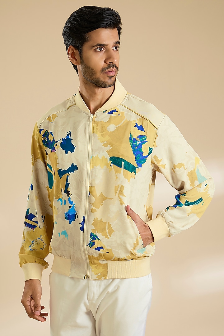 Yellow French Lycra Twill Printed Jacket by Mandira Wirk Men