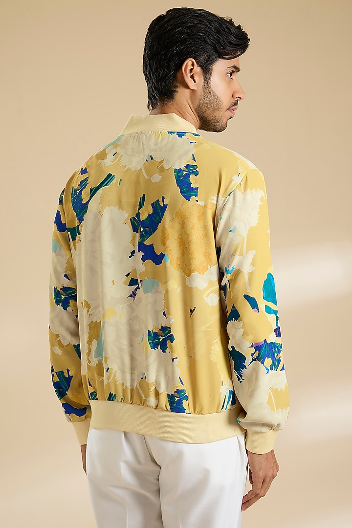 Yellow French Lycra Twill Printed Jacket by Mandira Wirk Men at Pernia's Pop Up Shop