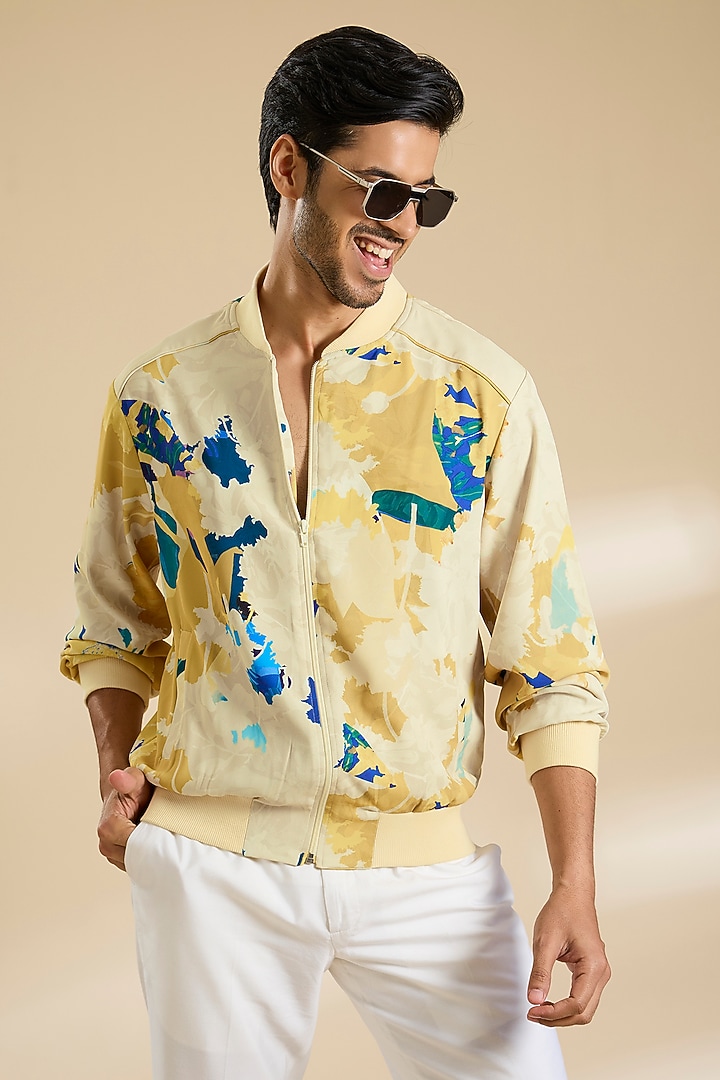Yellow French Lycra Twill Printed Jacket by Mandira Wirk Men at Pernia's Pop Up Shop