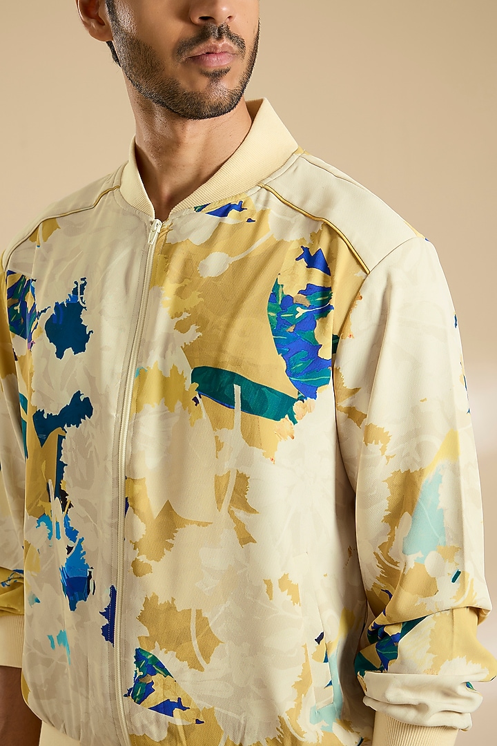 Yellow French Lycra Twill Printed Jacket by Mandira Wirk Men at Pernia's Pop Up Shop