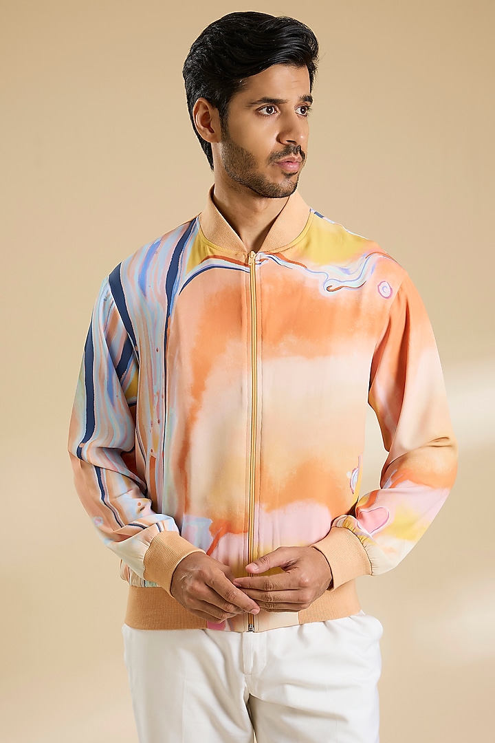 Multi-Colored French Lycra Twill Printed Jacket by Mandira Wirk Men