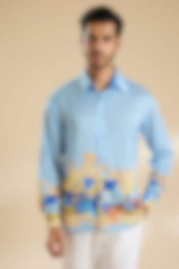 Blue Chiffon Printed Shirt by Mandira Wirk Men