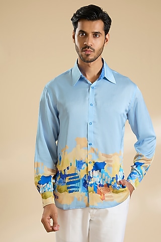 Blue Chiffon Printed Shirt by Mandira Wirk Men