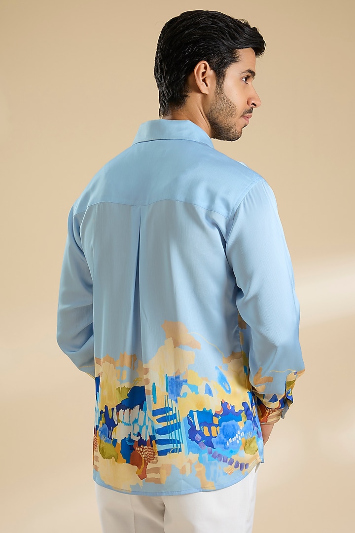 Blue Chiffon Printed Party Wear Shirt by Mandira Wirk Men at Pernia's Pop Up Shop