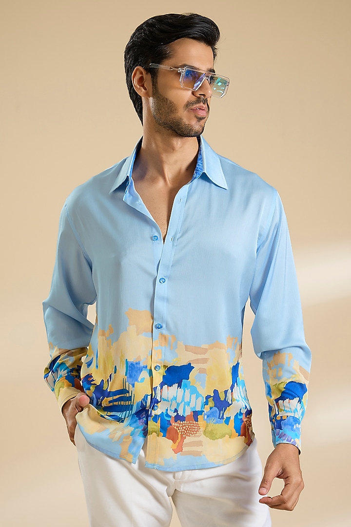 Blue Chiffon Printed Party Wear Shirt by Mandira Wirk Men at Pernia's Pop Up Shop