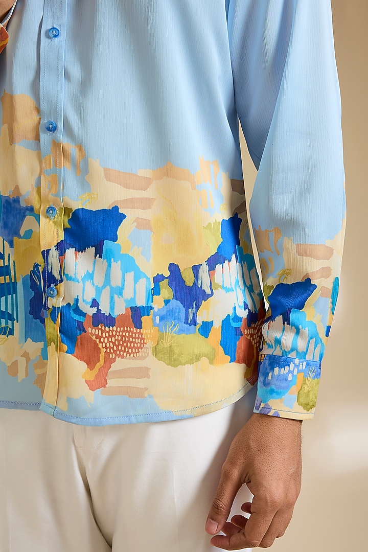 Blue Chiffon Printed Party Wear Shirt by Mandira Wirk Men at Pernia's Pop Up Shop