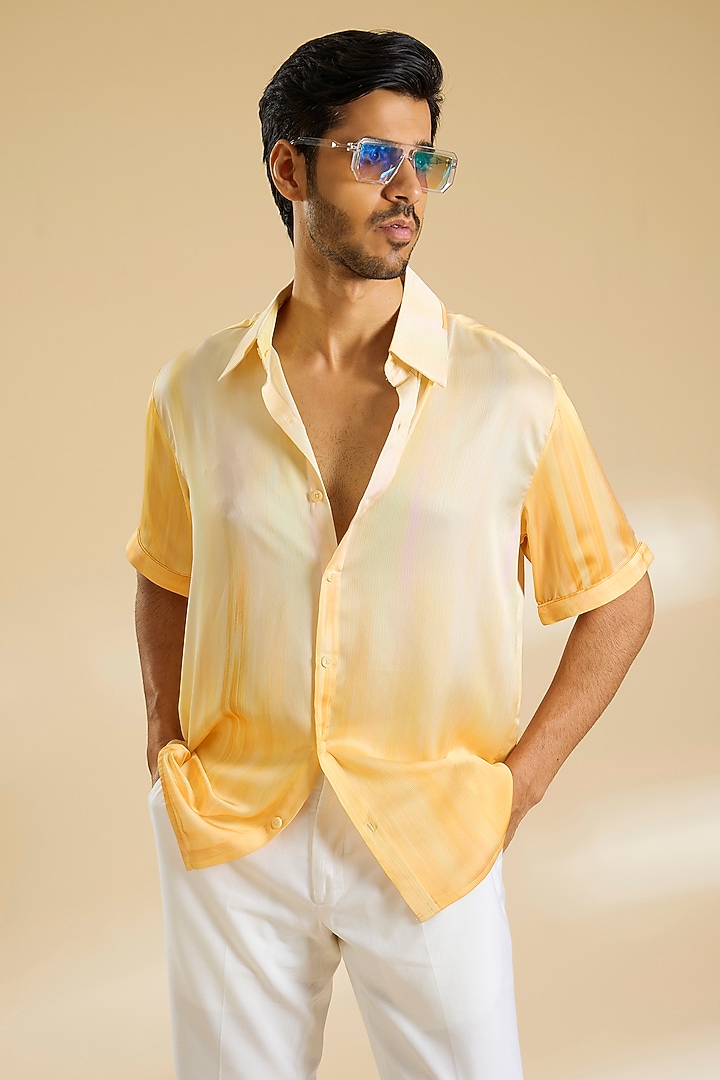 Pale Yellow Ombre Chiffon Party Wear Shirt by Mandira Wirk Men at Pernia's Pop Up Shop