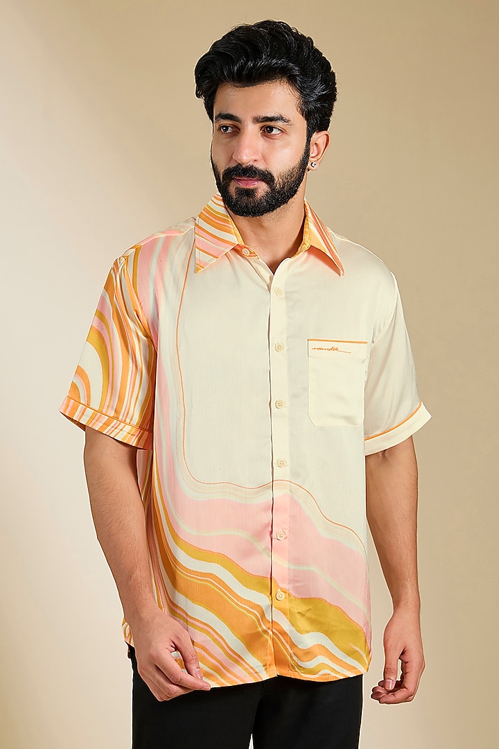 Beige & Orange Chiffon Shirt by Mandira Wirk Men