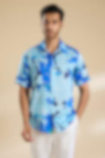 Blue Chiffon Printed Shirt by Mandira Wirk Men