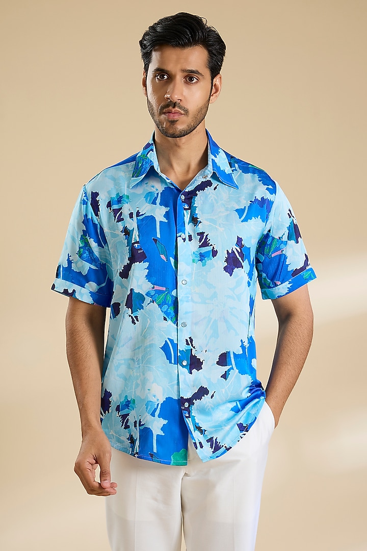Blue Chiffon Printed Shirt by Mandira Wirk Men