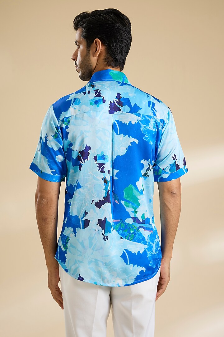 Blue Chiffon Printed Party Wear Shirt by Mandira Wirk Men at Pernia's Pop Up Shop