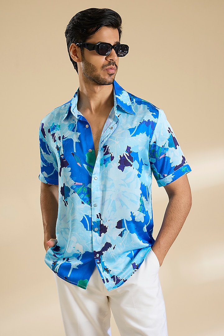 Blue Chiffon Printed Party Wear Shirt by Mandira Wirk Men at Pernia's Pop Up Shop