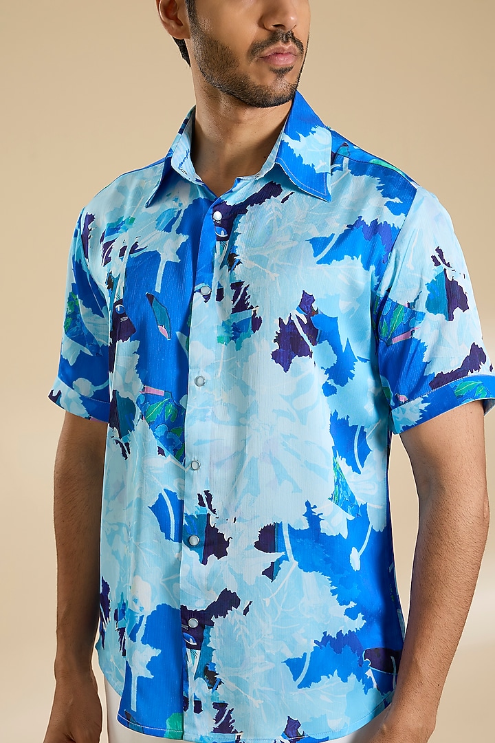 Blue Chiffon Printed Party Wear Shirt by Mandira Wirk Men at Pernia's Pop Up Shop
