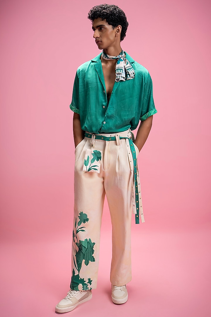 Green & Ivory Printed Co-Ord Set by Mandira Wirk Men at Pernia's Pop Up Shop