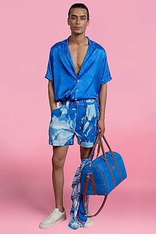 Blue Satin & Cotton Denim Printed Co-Ord Set by Mandira Wirk Men