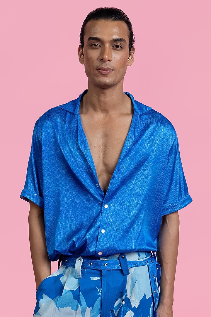 Blue Satin & Cotton Denim Printed Co-Ord Set by Mandira Wirk Men at Pernia's Pop Up Shop