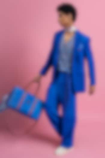 Blue French Twill Lycra Blazer Set by Mandira Wirk Men at Pernia's Pop Up Shop