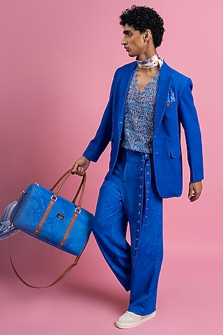 Blue French Twill Lycra Blazer Set by Mandira Wirk Men